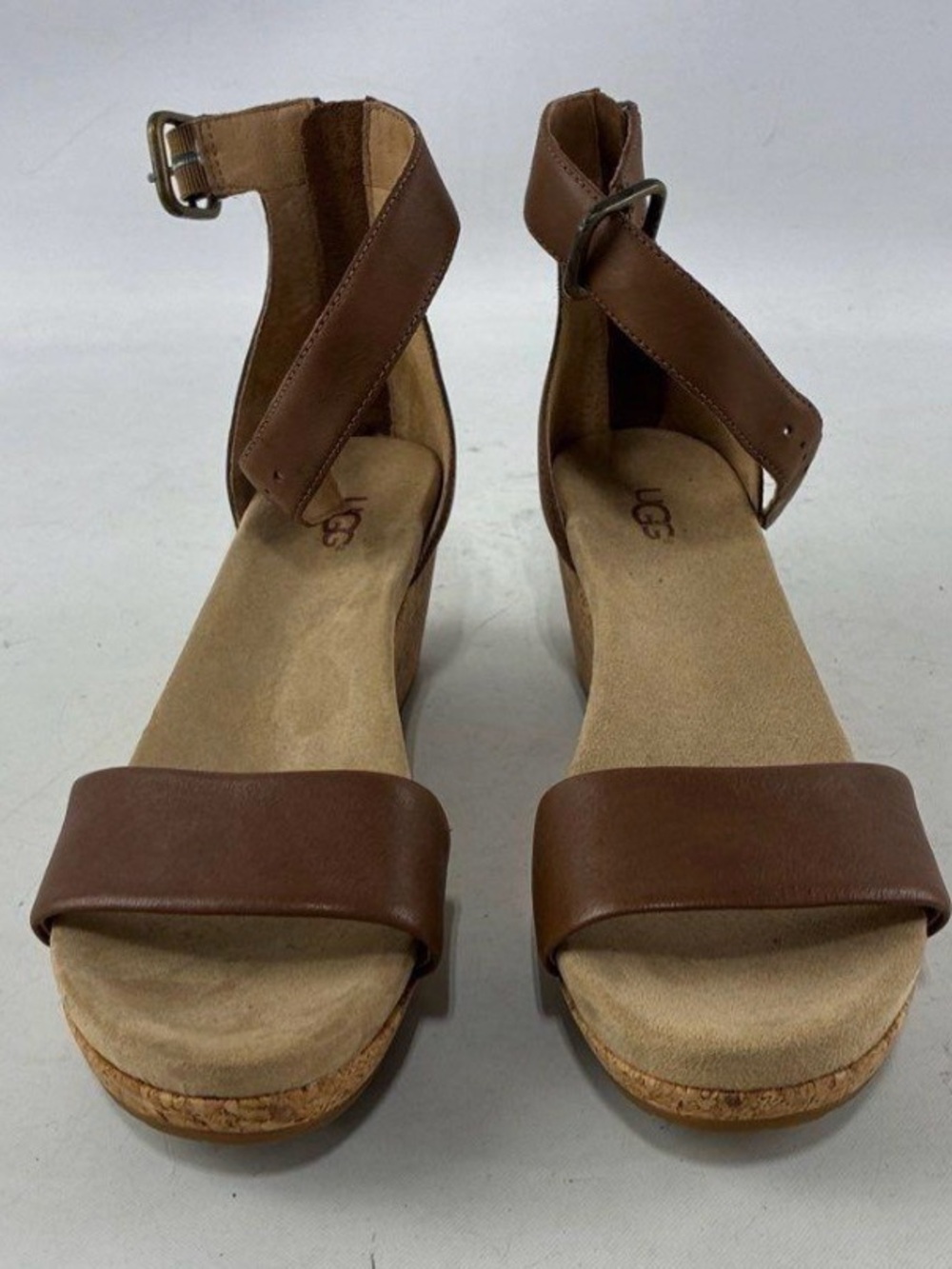 UGG, size 9, Brown Leather Ankle-Strap Cork Wedge Sandals